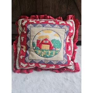 Vintage Farmhouse Throw Pillow Barn Scene Ruffle Quilt Country Decor 20”